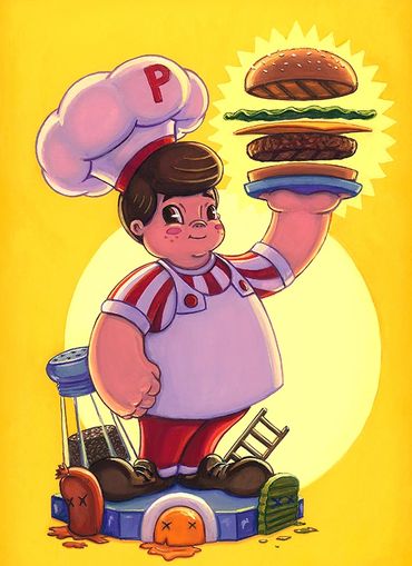 A parody crossover between the Bob's Big Boy Mascot and Burger Time video game lead character.