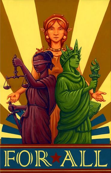 Poster of the female personifications of Columbia, Justice and Liberty with the text "For All".