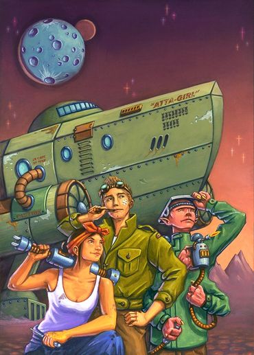 Space explorers standing in front of their retro spaceship. Cover for the game "Freejumper".