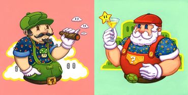 Parody versions of Mario and Luigi, as a martini drinking old man and cigar smoking shister.  