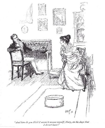 Victorian couple in a parlor having a conversation.