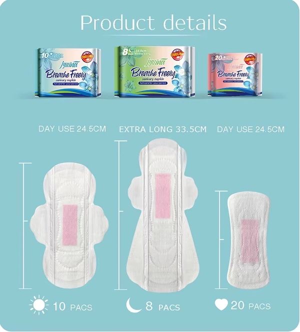 Three types of Jiyina Breathe Freely sanitary napkins for day and night use.