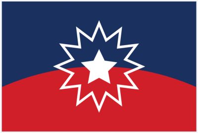 A star with a zigzag outline on a blue and red background.