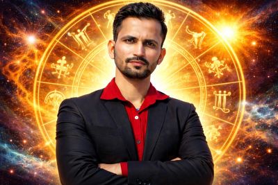 Confident man stands before glowing zodiac wheel in cosmic backdrop.