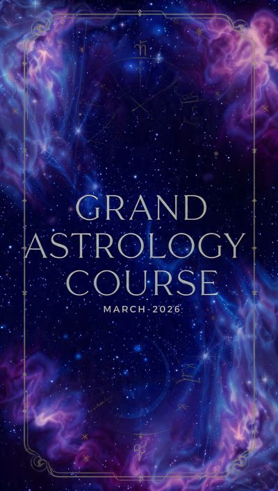 Grand Astrology Course launching in March 2026 amid a cosmic starry background.