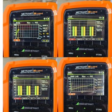 Four screens of a METRAHIT IM E-DRIVE electrical measuring device showing graphs and coil data.