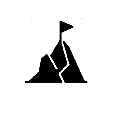Black mountain icon with a flag on top inside a white circle.