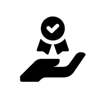 Hand holding a badge with a check mark symbolizing quality or approval.