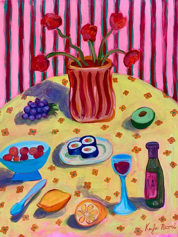 Colorful still life painting with flowers, sushi, and fruits on a patterned tablecloth.