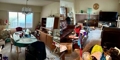 Cluttered living and dining rooms with messy items scattered.