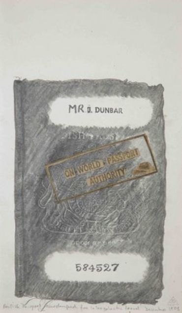 John Dunbar, British Passport Overstamped for Intergalactic Travel 1975
Pencil rubbing, ink and coll