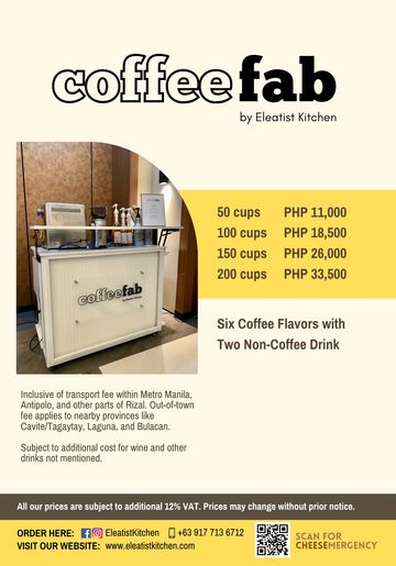 CoffeeFab offers bulk coffee orders with six flavors and two non-coffee drinks, delivered in Metro Manila and nearby provinces.