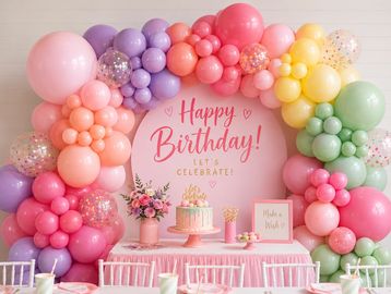Colorful balloon arch with birthday cake and decorations.