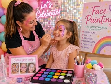 Face painting at a colorful birthday party.