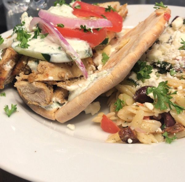 Marsala Marinated Chicken Pita w. Mediterranean Orzo Salad