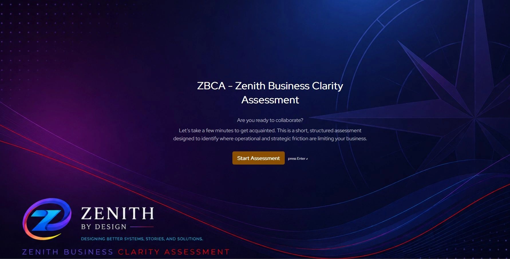Zenith Business Clarity Assessment welcome screen with start button.