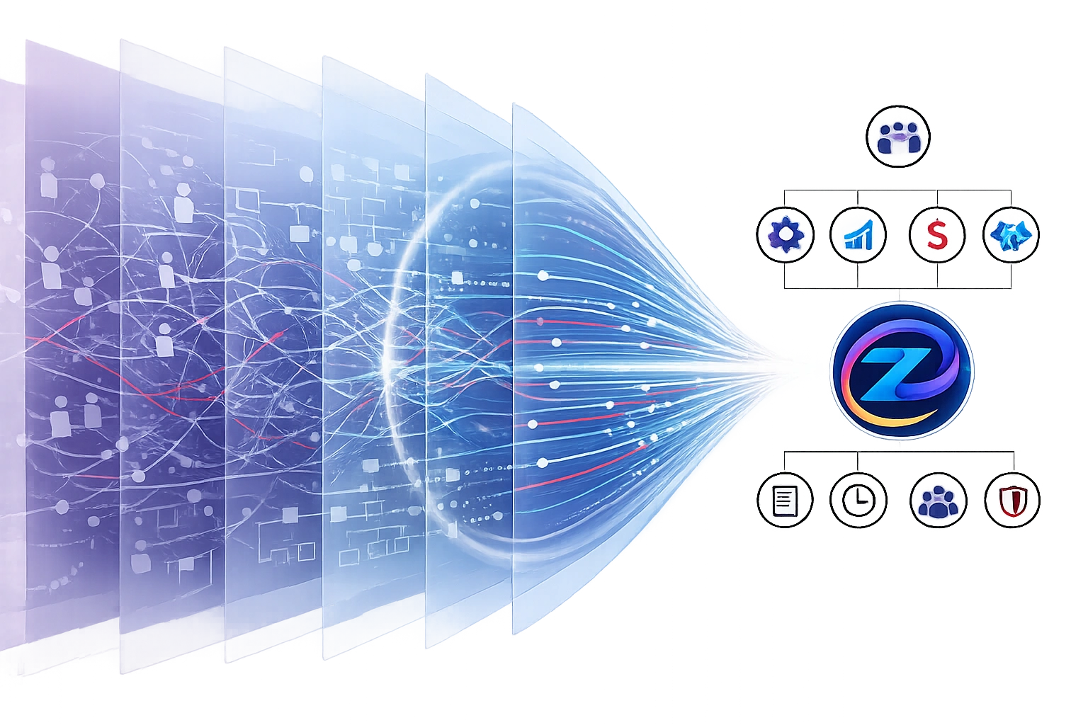 Data flow and central process visualization with icons.