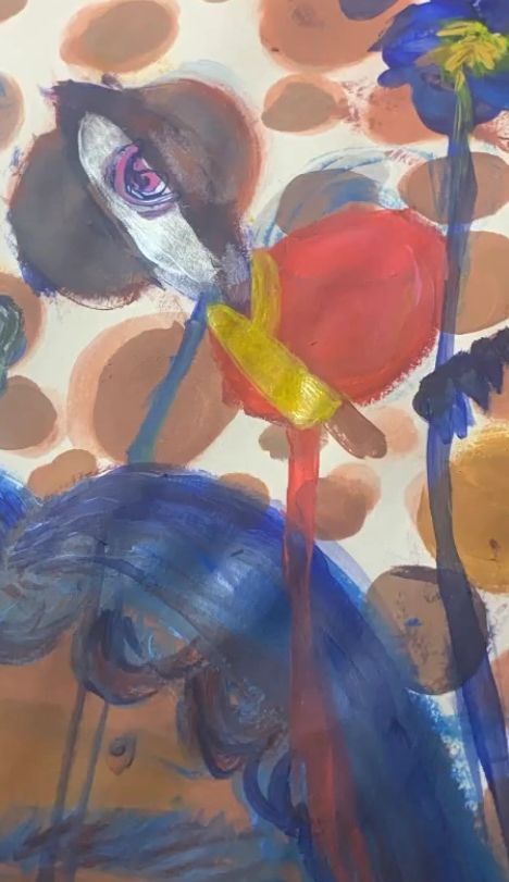 Abstract painting of a colorful bird with a patterned background.