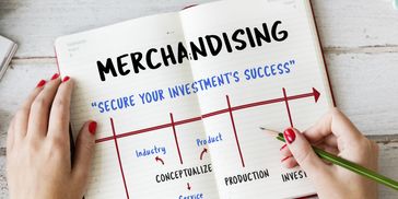 Notebook displaying a merchandising process diagram with key stages and investment success quote.