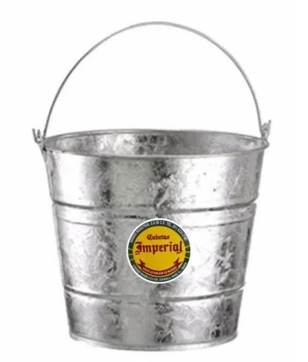 A galvanized metal bucket with a 'Cubetas Imperial' label.