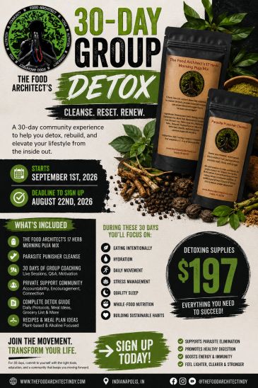 Promotional poster for a 30-day group detox program by The Food Architect.