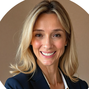 Professional woman with blonde hair smiling confidently in a navy blazer.