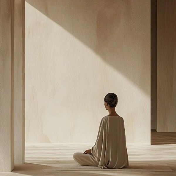 Person meditating peacefully in a minimalist, sunlit room.