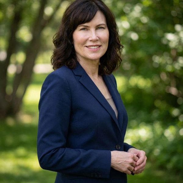 Smiling woman in a navy blazer outdoors.