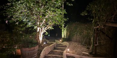 A serene night garden path illuminated by lights.