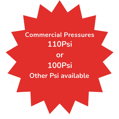 Red starburst graphic advertising commercial pressures of 110Psi or 100Psi, with other options available.