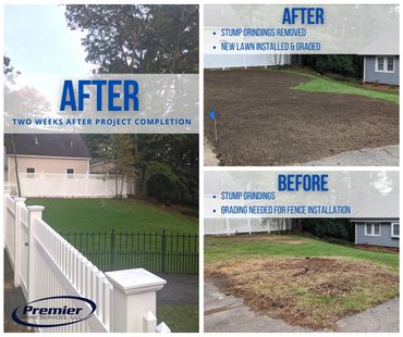 before and after pictures of stump grinding cleanup, lawn repair and grading