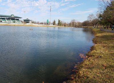 pond with stadium in background