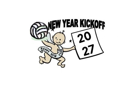 Cartoon baby with volleyball and New Year 2027 sign.