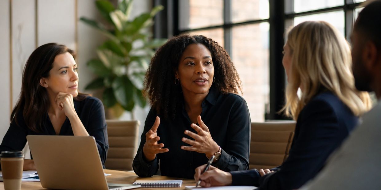 Four professionals engaged in a focused business discussion around a conference table.