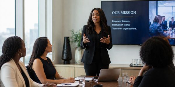 A woman leads a business meeting discussing their mission statement.