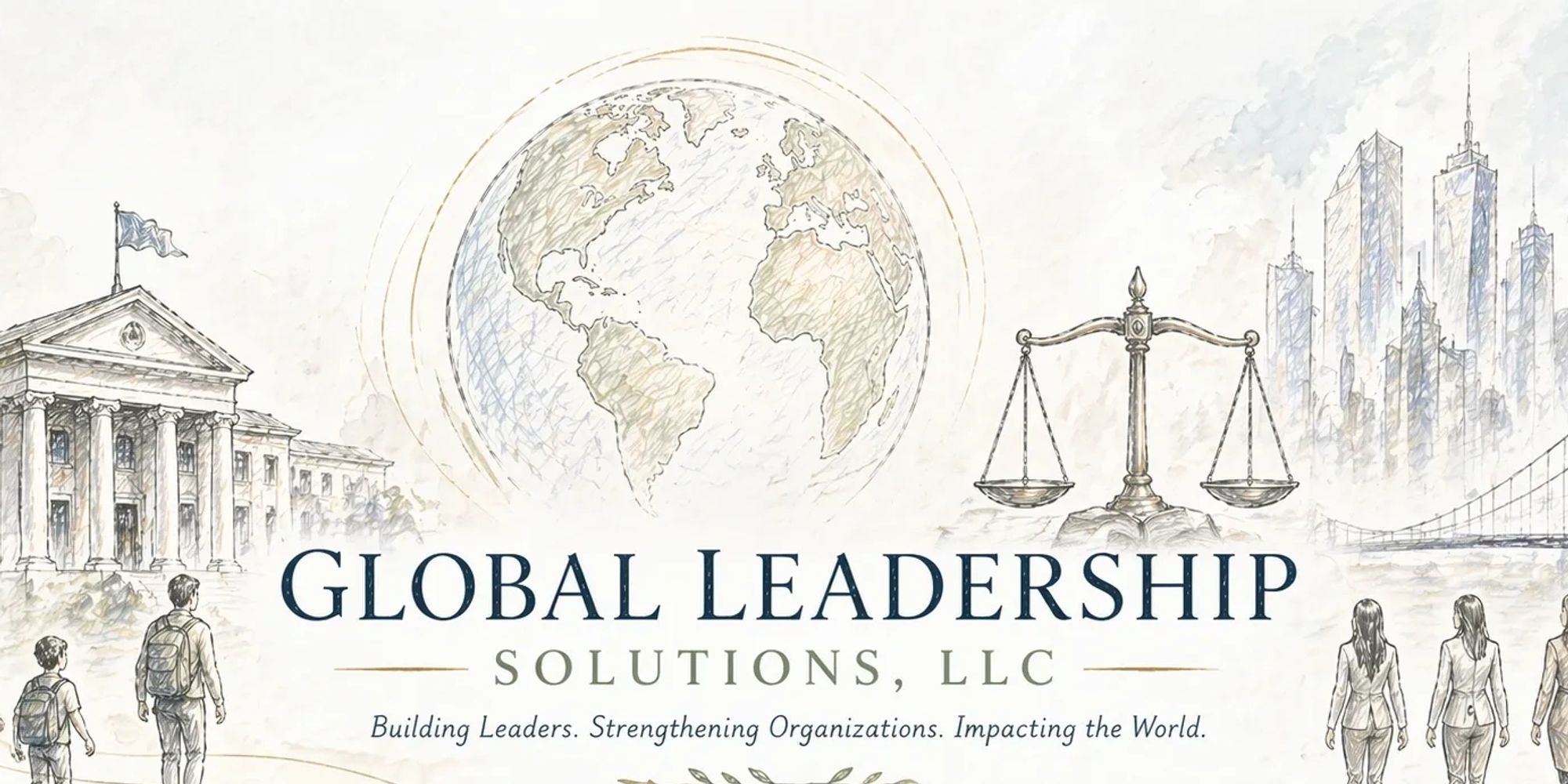 Illustration of global leadership with diverse people, courthouse, scales, globe, and city skyline.