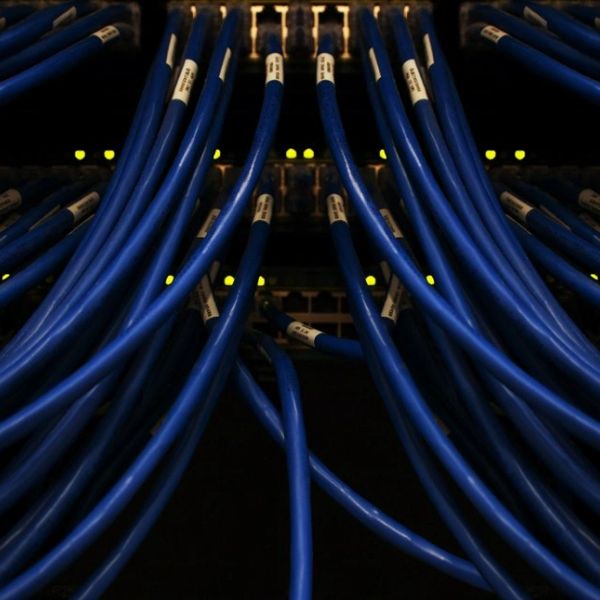 Blue network cables connected to a server panel with indicator lights.