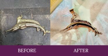 Before-and-after repair of a gold sailfish pendant.
