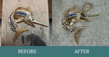 Before-and-after restoration of a marlin pendant with blue gemstones.