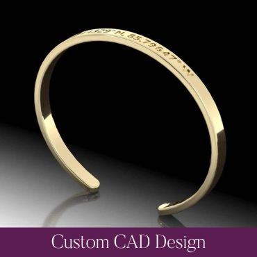 CAD rendering of a custom open gold cuff bracelet with engraved coordinates.