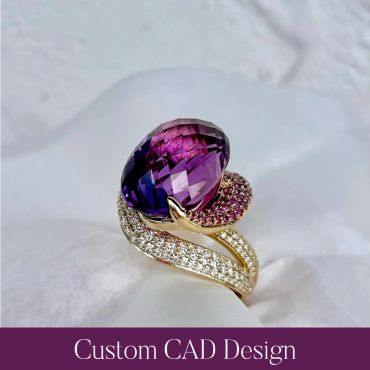 Angled view of the finished custom purple gemstone ring with a sweeping gold setting.