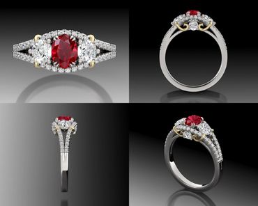CAD rendering of a custom ring with an oval red center stone and diamond accents.