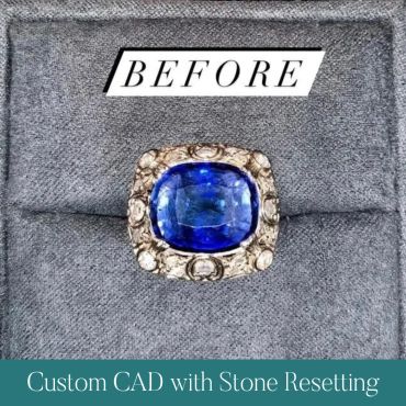 Front view of a blue gemstone ring before custom resetting.