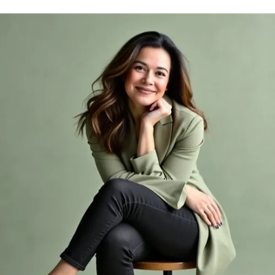 Woman with long hair smiling, wearing a green coat and black pants.