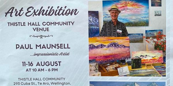 Art exhibition poster featuring Paul Maunsell's impressionistic mountain paintings.