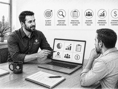 Two men discussing business strategy with charts on a laptop.