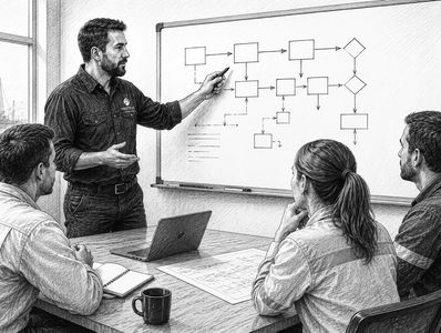 Man presenting flowchart to colleagues.