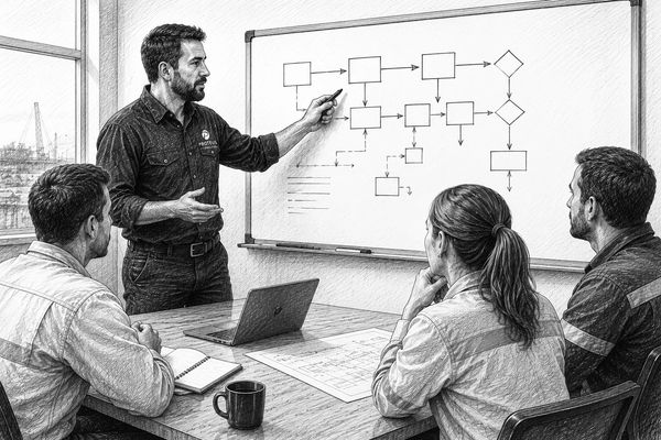 Man explaining flowchart to colleagues in meeting room.
