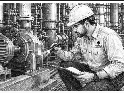 Pen and ink illustration of a maintenance fitter inspecting a pump during a maintenance effectivenes