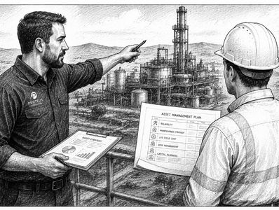 Two engineers discussing an asset management plan at an industrial plant.